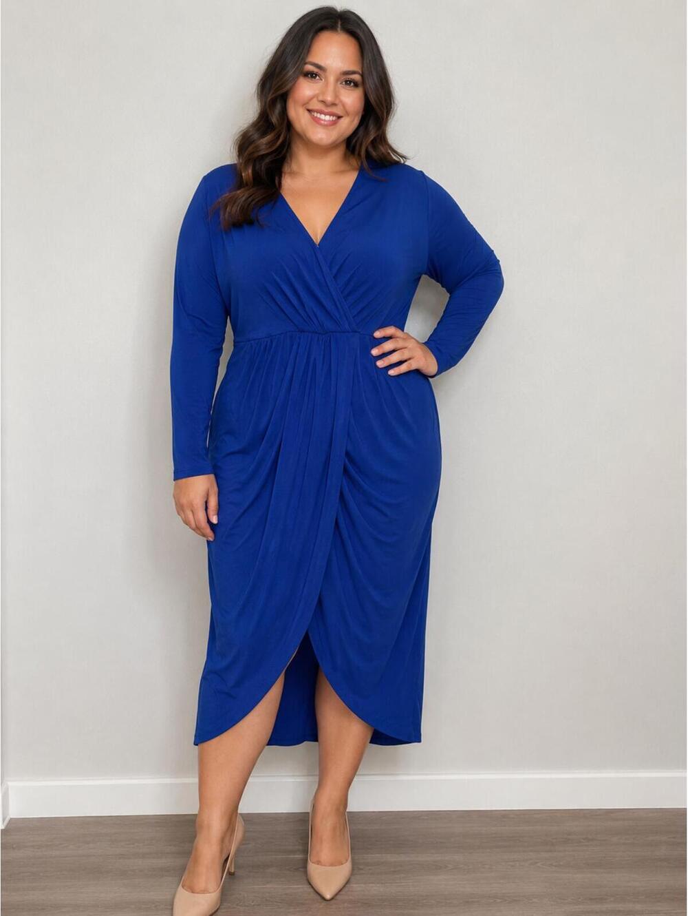 PrettyGarden XL Cobalt Blue Faux Wrap Ruched Midi Dress Cocktail Party